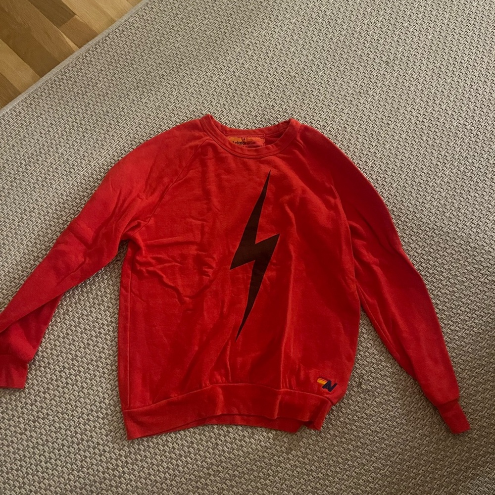Aviator Nation Red Crewneck with black lightning bolt size large